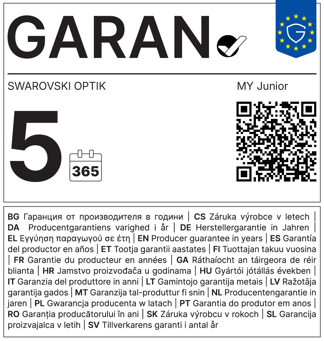 GARAN: 5 Jahre kostenlose Haltbarkeitsgarantie des Produzenten; Swarovski Optik; Modell swarovski-my-junior-7x28-jungle-green